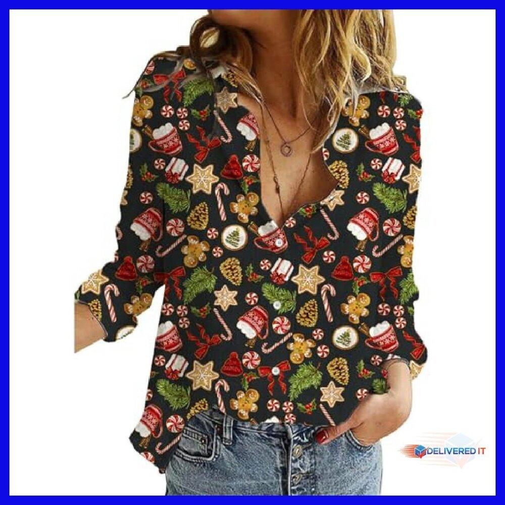Polyester Long Sleeve Button Down Blouse with Nov… - image 2